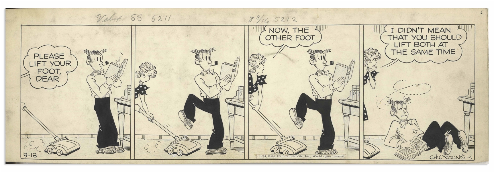 Chic Young Hand-Drawn ''Blondie'' Comic Strip From 1944 Titled ''Not a Foot to Stand On!'' -- Dagwood Does a Dance With the Vacuum Cleaner